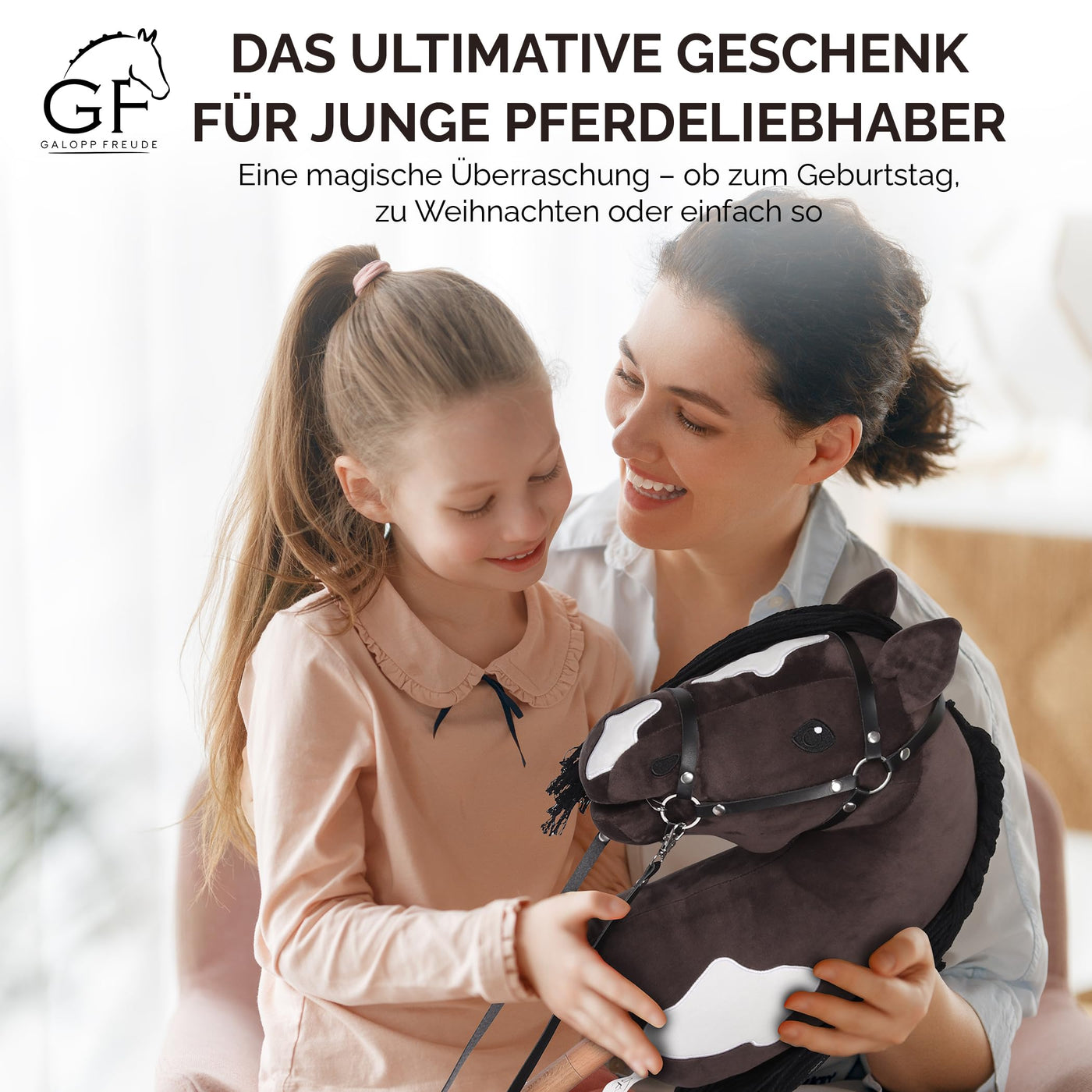 GaloppFreude® Hobby Horse Pferde Braunschecke – Großes A3 Steckenpferd mit Schraubstab & Trense – Hobby Horsing Pferd zum Reiten für Kinder & Stockpferd mit Langer Mähne – Inkl. Hobby Horse Zubehör