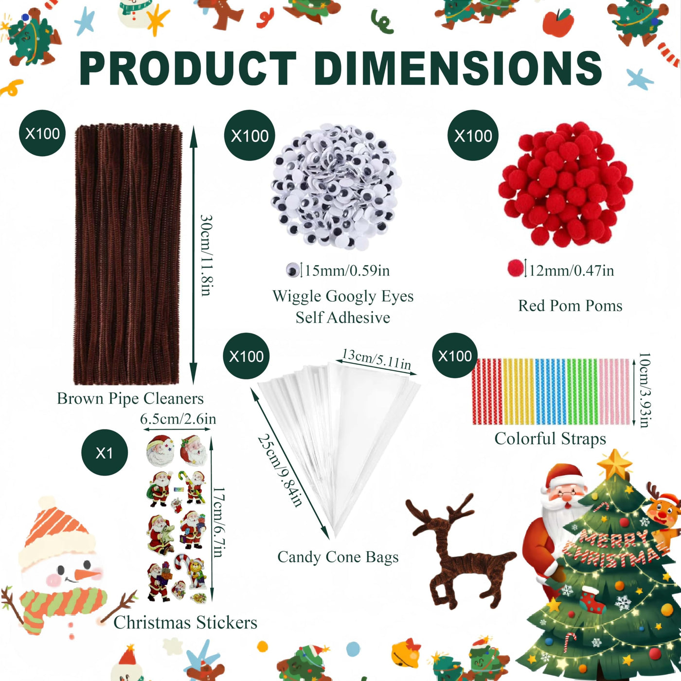 100 Stück Weihnachts Rentier Bastelset mit 100 braune Pfeifenputzer, 100 Süßigkeitentüten, 100 Bandstreifen, 100 rote Pompons, 100 Wackelaugen & Weihnachtsstickern. Ideal für DIY, Basteln & Geschenke