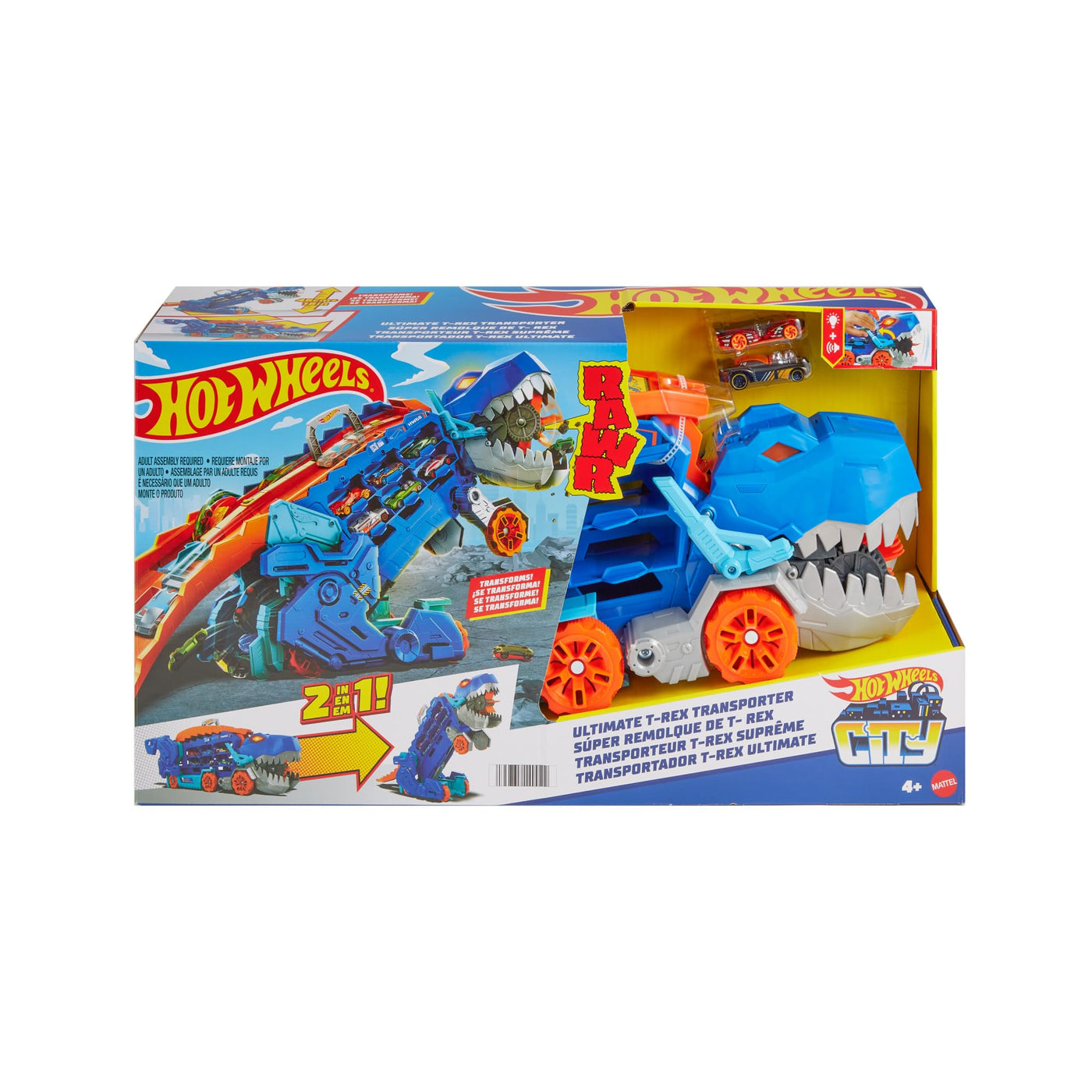 Hot Wheels Let's Race Netflix -2:1 Transporter zu T-Rex mit inkl. Autorennbahn, mit Beleuchtung und Geräuschen, inkl. 2 Spielzeugautos, Platz für 20 Autos, Hot Wheels Dino, Spielzeug ab 4 Jahre, HNG50