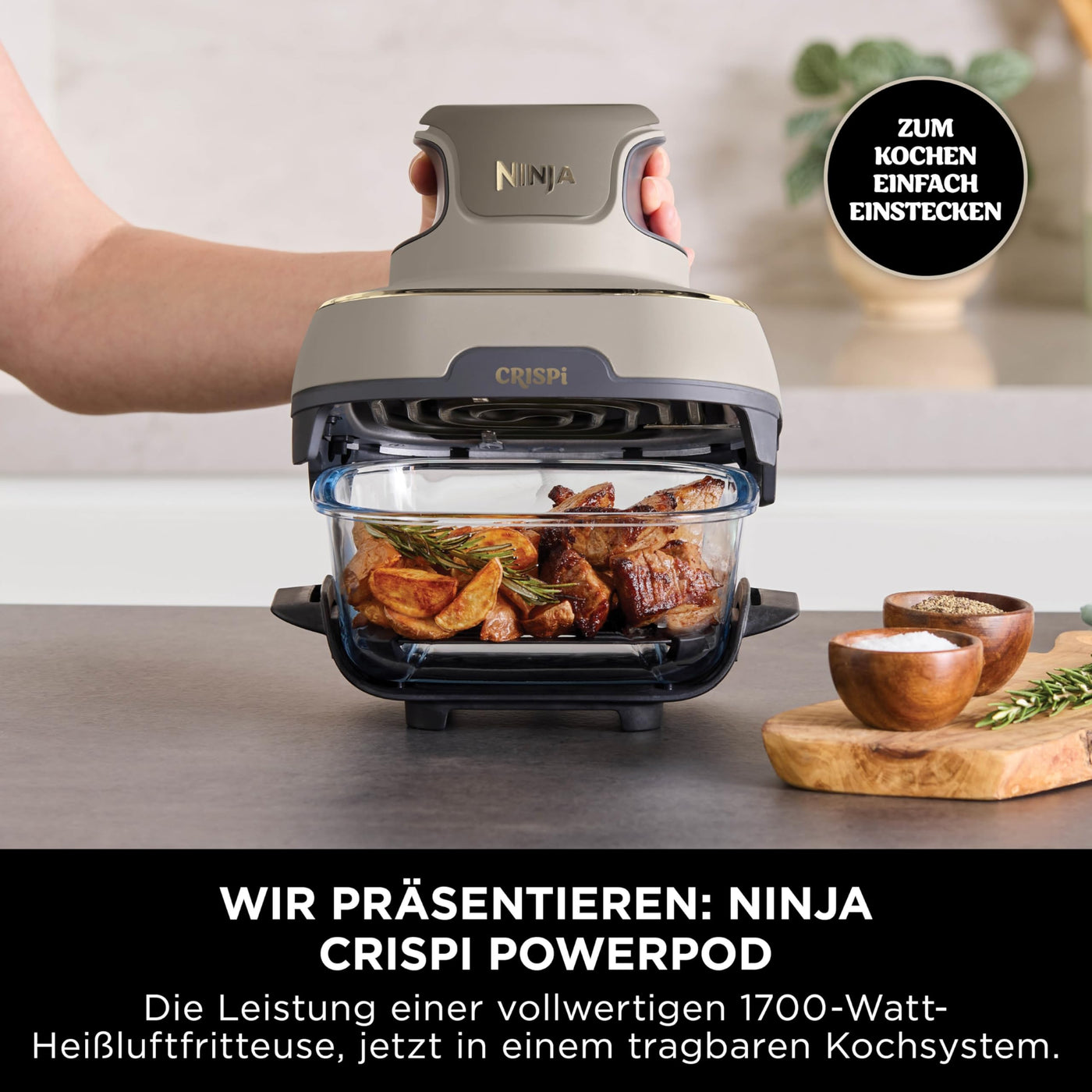 Ninja CRISPi tragbare Airfryer Heißluftfritteuse, 3,8 l, 4-in-1: Heißluftfrittieren, Braten, Warmhalten, Recrisp, 6 Portionen, 2x herausnehmbare Glasbehälter & Deckel, 1700 W, Stone Gold FN101EUSTGD