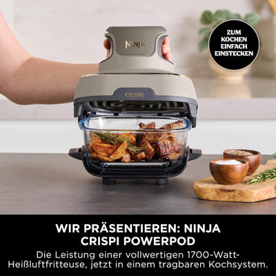 Ninja CRISPi tragbare Airfryer Heißluftfritteuse, 3,8 l, 4-in-1: Heißluftfrittieren, Braten, Warmhalten, Recrisp, 6 Portionen, 2x herausnehmbare Glasbehälter & Deckel, 1700 W, Stone Gold FN101EUSTGD