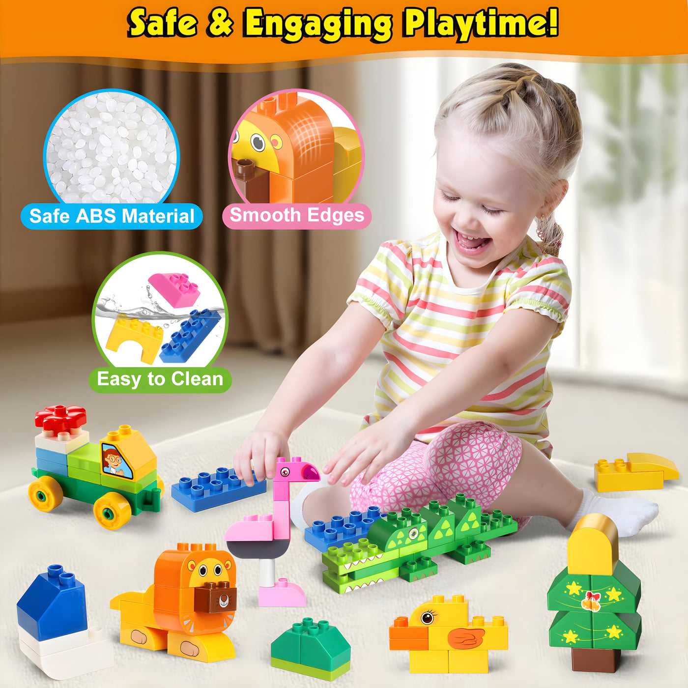 MOONTOY Große Bausteine, 125 Teile Bunte Bauklötze zum Bauen von 16 Tier, Bauspielzeug Konstruktionsspielzeug für Kleinkinder Classic STEM Lernspielzeug Spielzeug für Kinder ab 2 3 4 Jahre Geschenk