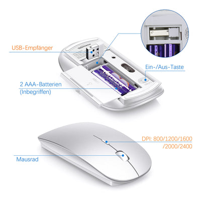 Tastatur Maus Set Ultra Slim, TopMate 2,4G Stille Compact USB 2400DPI Maus und Schissschalter Tastatur mit Abdeckung mit 2 AA & 2 AAA Batterien für PC/Laptop/Windows/Mac - Silber Weiss