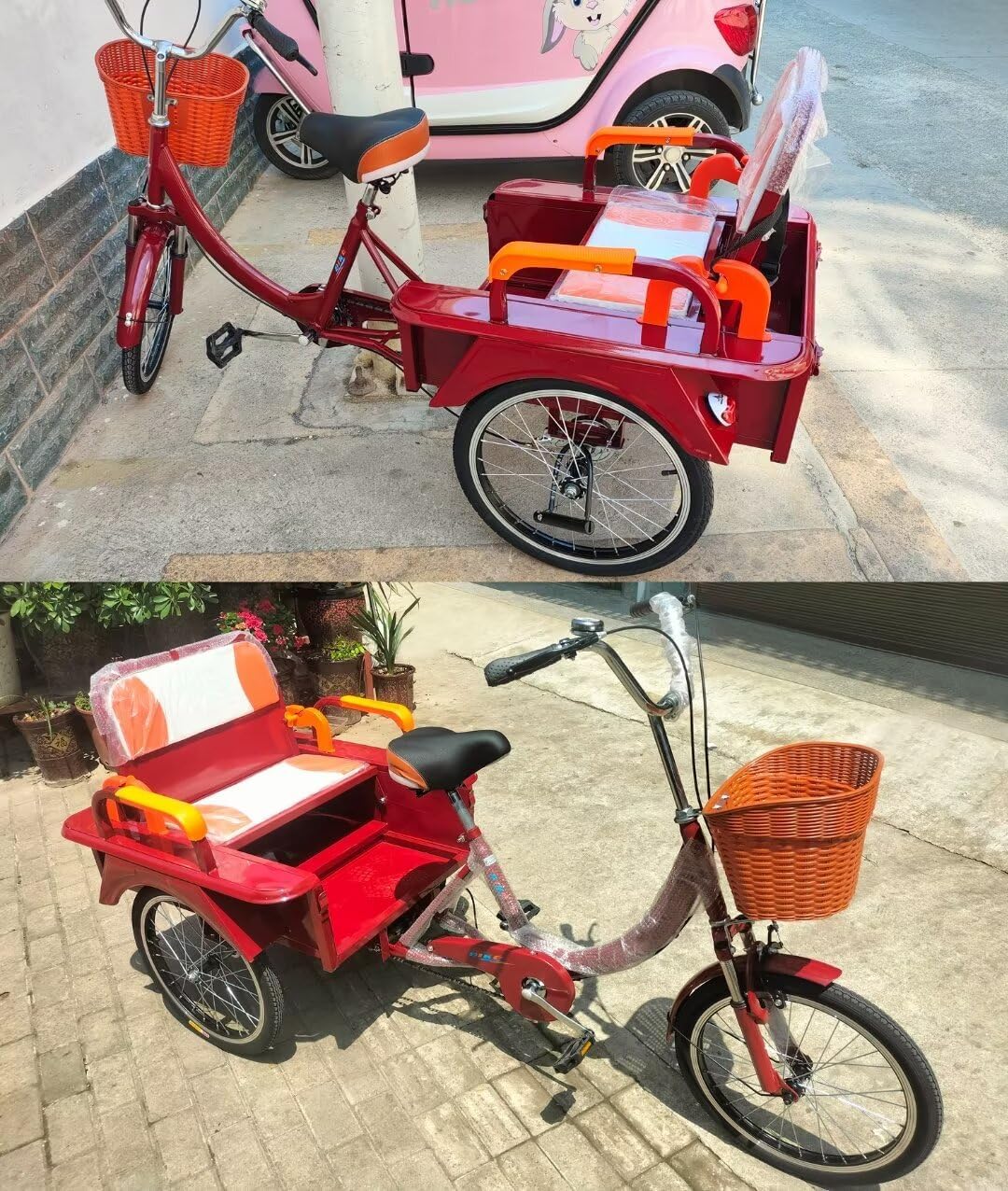 LSQXSS Outdoor-Cruiser-Fahrräder mit hinterer Kabine, älteres Roller-Dreirad mit hinterem Beifahrersitz, Freizeit-Einkaufswagen-Rikscha-Tretfahrrad für Erwachsene, Stoßdämpfer-Vordergabel