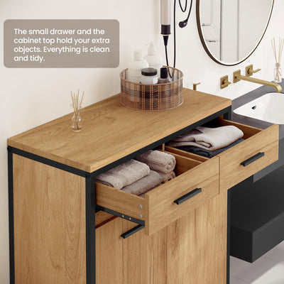 EUGAD Badezimmerschrank mit 2 faltbaren Wäschesäcken, Wäscheschrank mit 2 Schubladen, Wäschesammler Wäschekorb, Badschrank Badmöbel mit Metallrahmen, helle Eiche + Schwarz, 72,5x80x34 cm