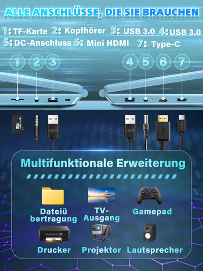 Fsjun 16" Laptop Notebook Blau, N95 bis 3,4 GHz, 16GB RAM 1TB SSD, 2.5K QHD IPS 2560×1600 Screen, 7-farbige beleuchtete Tastatur, Face Unlock, USB-C/HDMI/WiFi/BT, DE Tastaturschutz