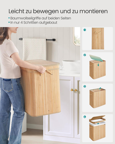 SONGMICS Wäschekorb mit Deckel, Wäschesammler Bambus, Wäschesack herausnehmbar und maschinenwaschbar, mit Griffen, 150 Liter, für Waschküche, Schlafzimmer, Wohnzimmer, naturbeige LCB062N01
