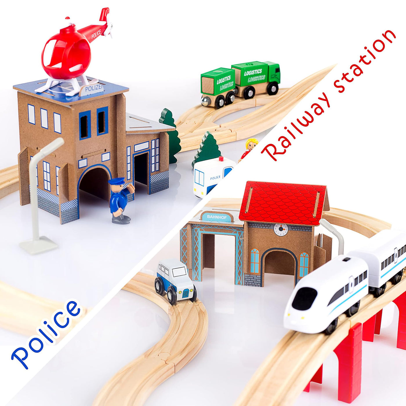 Green series Holzeisenbahn Set für Kinder - Eisenbahn Holz | Spielzeug Zug | Polizeistation, Autobahn und Bahnset mit Brücke, 80 Teilen, 378 cm lang | Holz Eisenbahnen | Holzzug | Modell GS0010