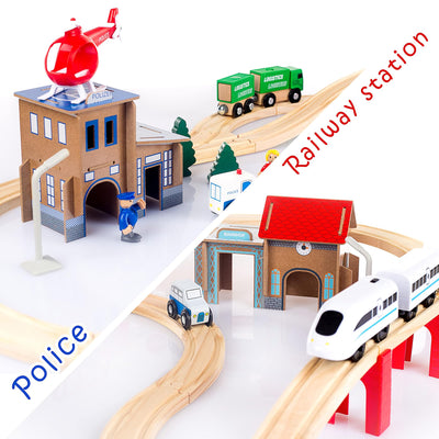 Green series Holzeisenbahn Set für Kinder - Eisenbahn Holz | Spielzeug Zug | Polizeistation, Autobahn und Bahnset mit Brücke, 80 Teilen, 378 cm lang | Holz Eisenbahnen | Holzzug | Modell GS0010