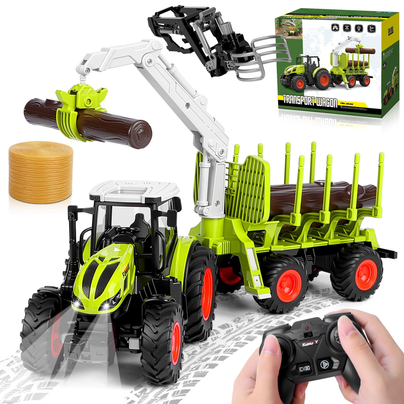 IEEILULU Ferngesteuerter Traktor Ferngesteuert, RC Traktor Spielzeug, 2.4 Ghz, 1:24, Traktor mit Anhänger, Holzgreifer, Frontlader und 4 Baumstämmen, Holztransporter Spielzeug ab 3 4 5 6 Jahre