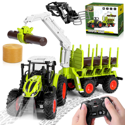 IEEILULU Ferngesteuerter Traktor Ferngesteuert, RC Traktor Spielzeug, 2.4 Ghz, 1:24, Traktor mit Anhänger, Holzgreifer, Frontlader und 4 Baumstämmen, Holztransporter Spielzeug ab 3 4 5 6 Jahre