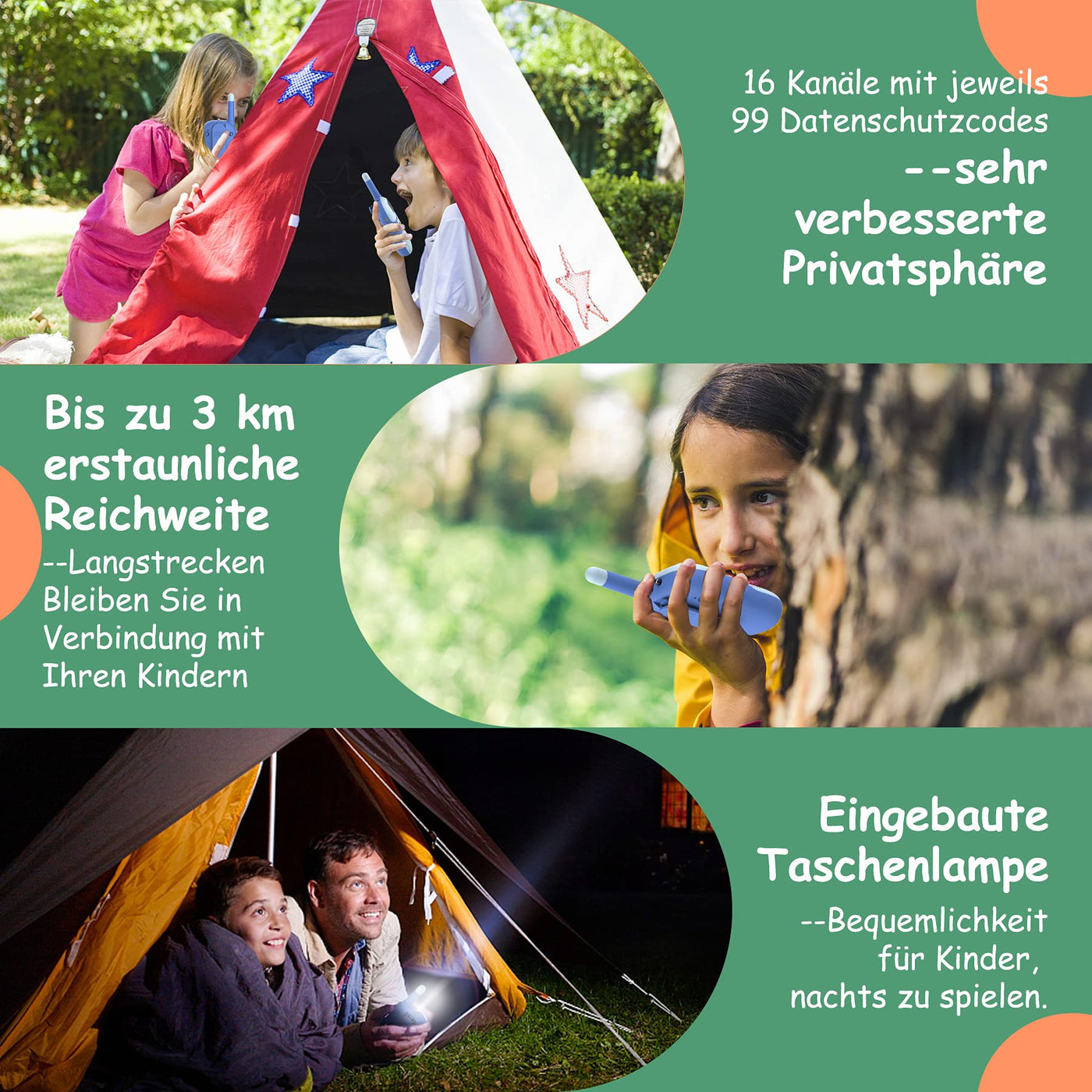 Kidsfun Walkie Talkie Kinder, USB Wiederaufladbar Draußen Spielzeug Walki Talki mit Taschenlampe, Geschenk für Junge und Mädchen ab 3-12 Jahre, 3 Meilen Reichweite für Einkaufen, Freien, Camping