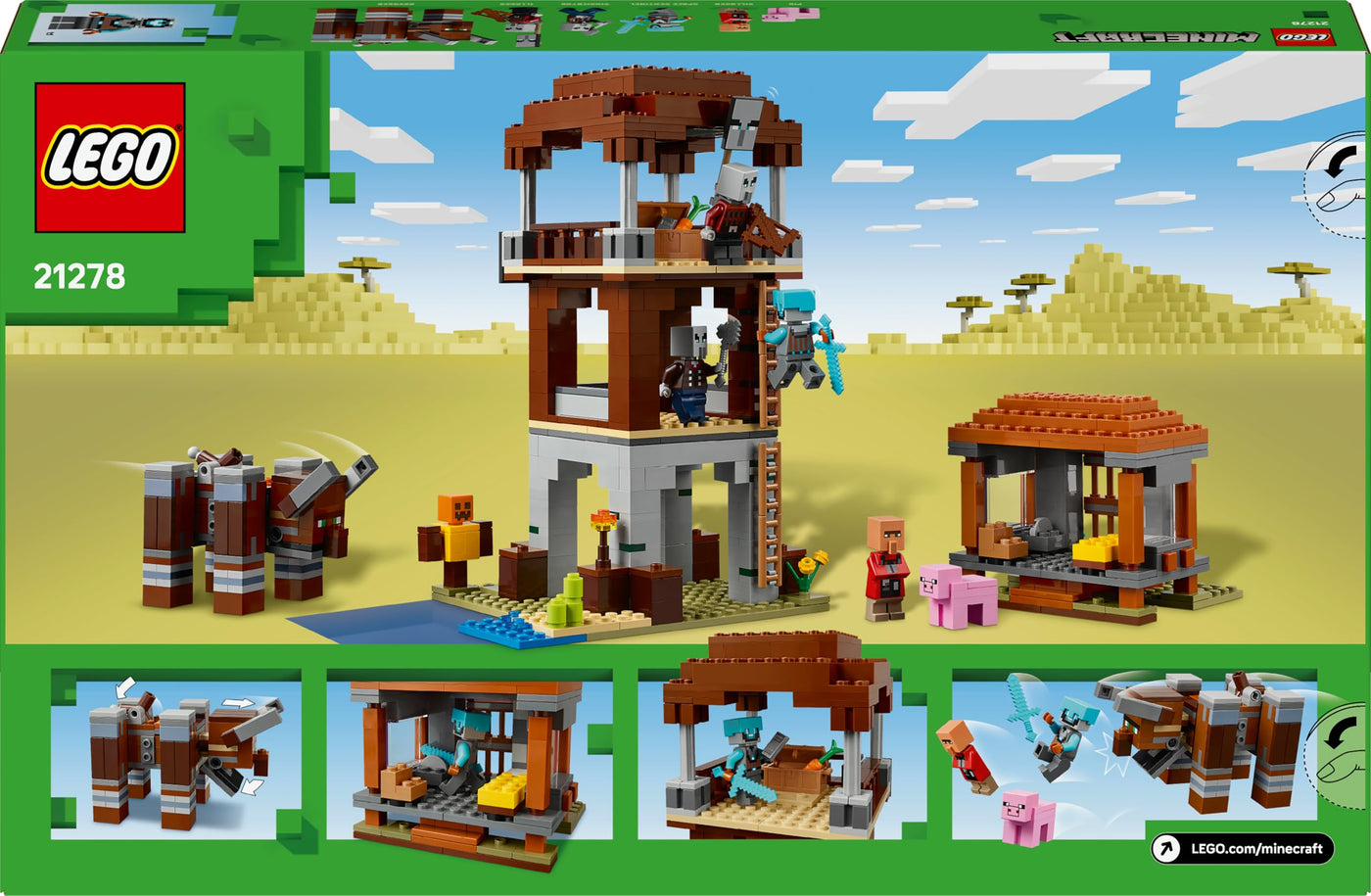 LEGO Minecraft EIN Verwüster am Plünderer-Außenposten - Gaming Spielzeug für Kinder - Minifigur mit Schnappkiefer Funktion und Dorf Festung - Gaming Geschenk für Jungen & Mädchen ab 8 Jahren - 21278