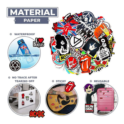 100 Stück Rock Band Punk Aufkleber, Classic Rock Sticker Pack für Erwachsene Cool Metal Punk Musik Aufkleber für Gitarre Laptop Skateboard (ROCK1)
