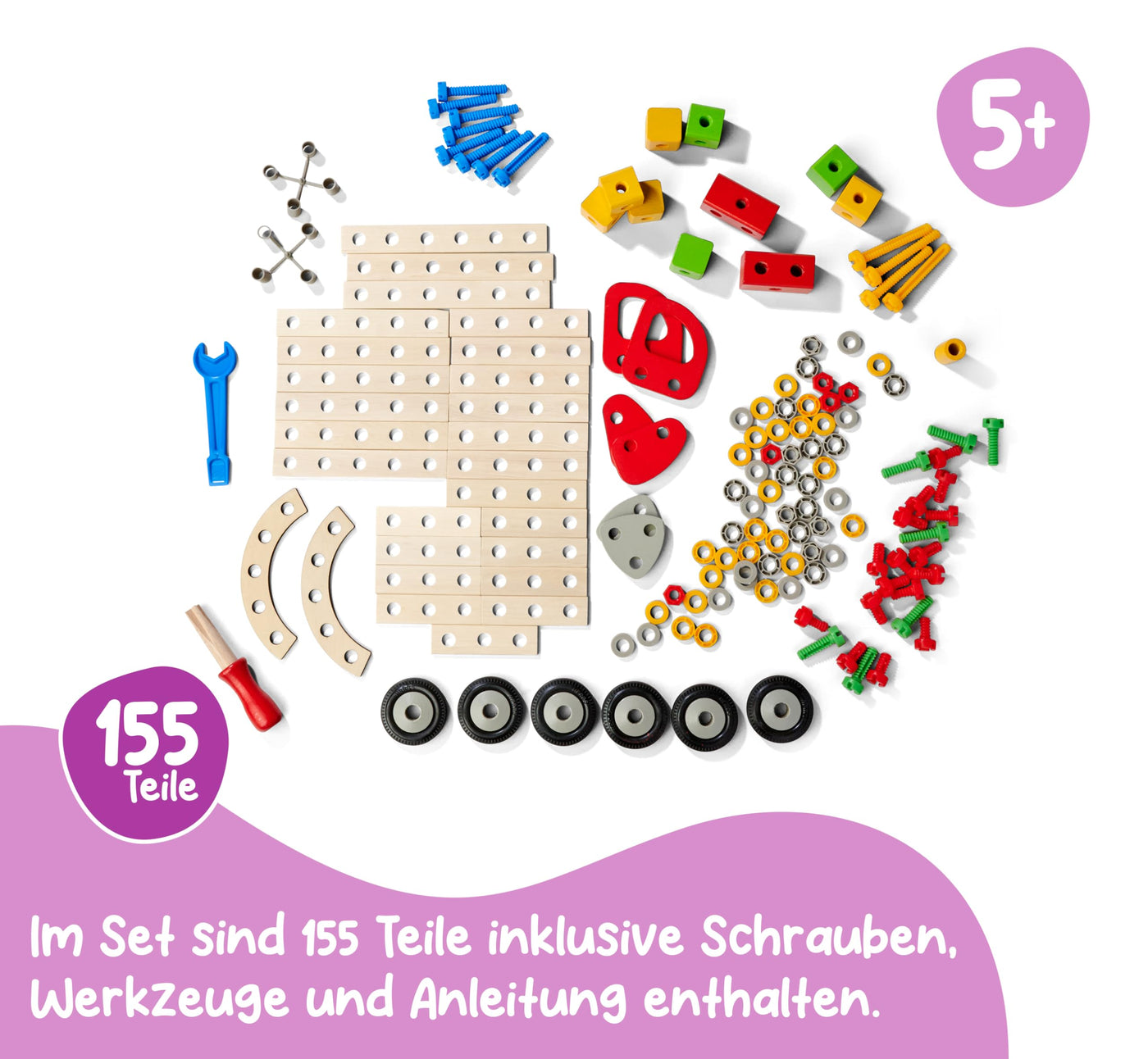 Eichhorn 100039085 - Constructor Feuerwehrauto, 155 TLG., Holz-Konstruktions-Set, 3 Verschiedene Modelvarianten baubar, FSC 100% Zertifiziertes Buchenholz, Made in Germany