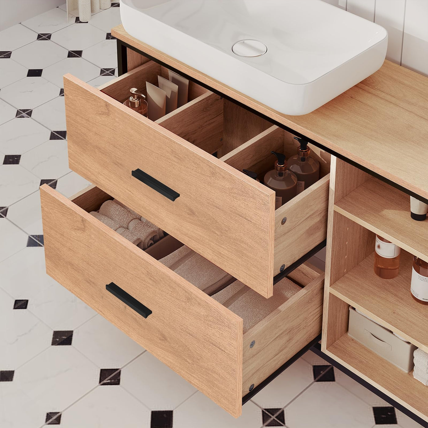 EUGAD Waschbeckenunterschrank, Badezimmerschrank mit 2 Schubladen 3 offenen Fächern, Unterschrank mit verstellbaren Ablagen, freistehender Waschtischunterschrank, 90x60x30 cm