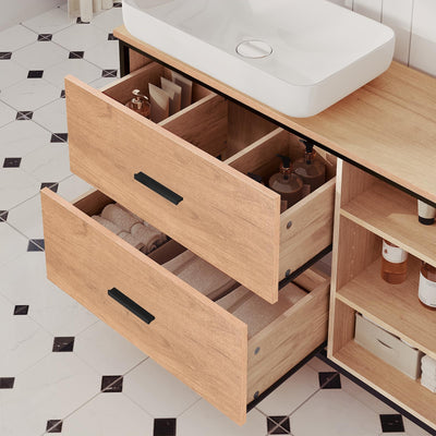 EUGAD Waschbeckenunterschrank, Badezimmerschrank mit 2 Schubladen 3 offenen Fächern, Unterschrank mit verstellbaren Ablagen, freistehender Waschtischunterschrank, 90x60x30 cm