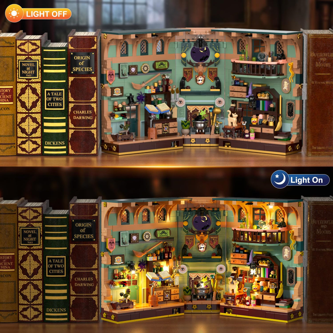 INSOON Magisches Zaubertrank Book Nook Haus Bauspielzeugset mit LED, 990 Stück Magic DIY Bookend Baustein Kit für Heimdekor, Booknook Klemmbausteine für Erwachsene Kinder Jungen Mädchen ab 10-12+