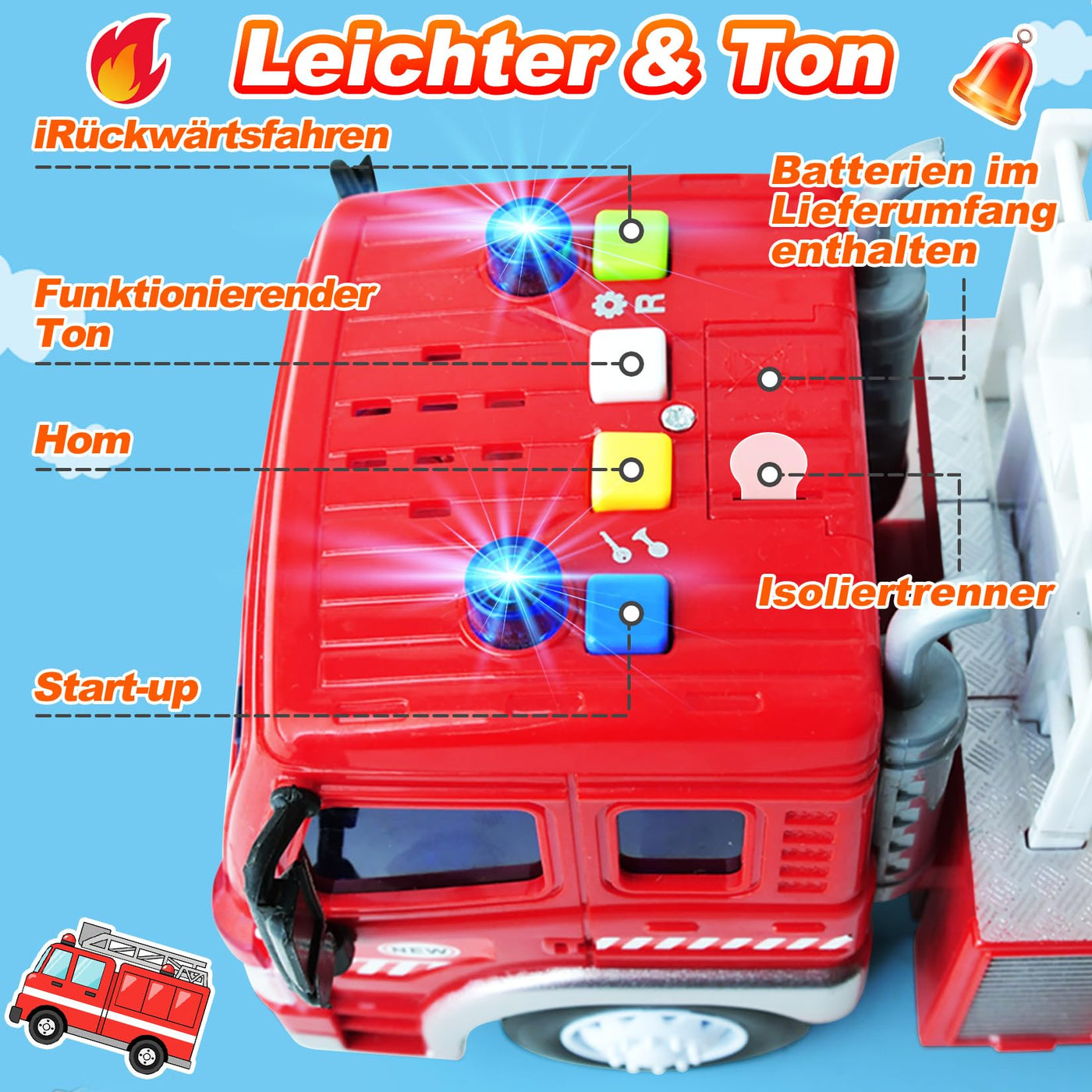 GizmoVine Feuerwehrauto Groß, Feuerwehr Auto Spielzeug mit Drehleiter, Sound und Licht, Große Spielzeugauto, Fire Truck Fahrzeuge, Geschenke für Jungen, Kinder Löschfahrzeug ab 3 4 5 6 7 8 Jahre