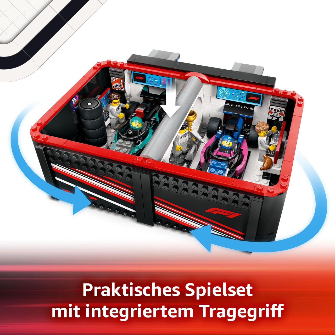 LEGO City F1 Garage mit Mercedes-AMG & Alpine Rennautos - Spielzeug Formel 1 Rennwagen mit 2 Rennfahrern & 4 Mechaniker Minifiguren - Geschenk für Jungen & Mädchen ab 7 Jahren und Fans 60444