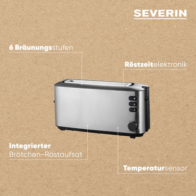 SEVERIN Automatik-Langschlitztoaster, Automatik-Toaster mit Brötchenaufsatz, Edelstahl Toaster zum Toasten, Auftauen und Erwärmen, 1.000 W, Edelstahl-gebürstet/schwarz, AT 2515