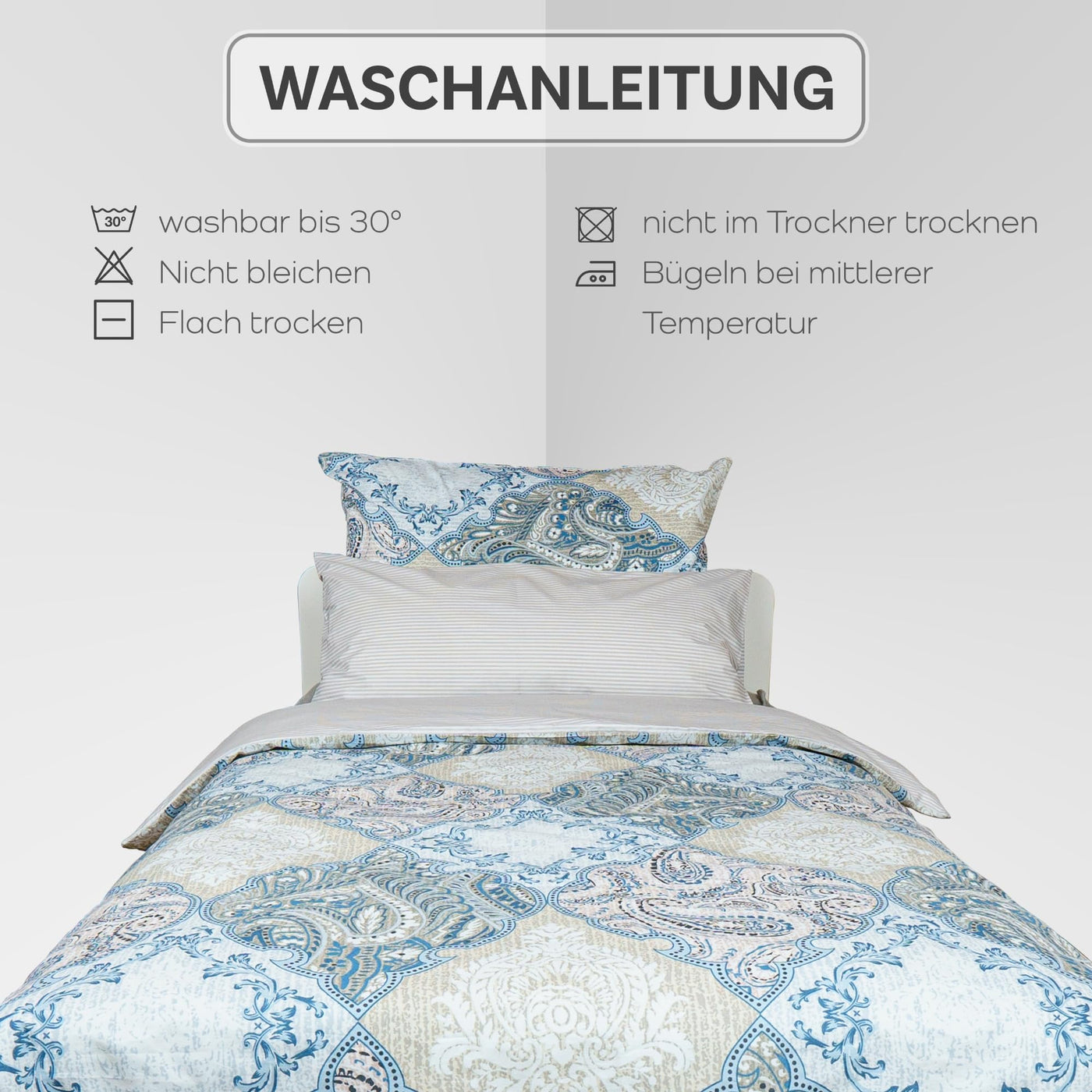 iNaAm Bettwäsche-Set 5-teilig 200x200 Baumwolle Bettbezug mit Knöpfen +2 Kissenbezug 80x80 +2 Kissenbezug 40x80 mit Hotelverschloß für Sommer&Winter (Blau, Doppel)