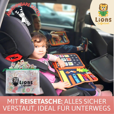 Lion’s Collection® Busy Board Deutsch mit Reisetasche & Montessori Buch – Quiet Book & Busy Book für Kleinkinder ab 3 Jahre – Activity Board, Motorikbuch & Lernbuch – Reisespielzeug Auto & Flugzeug