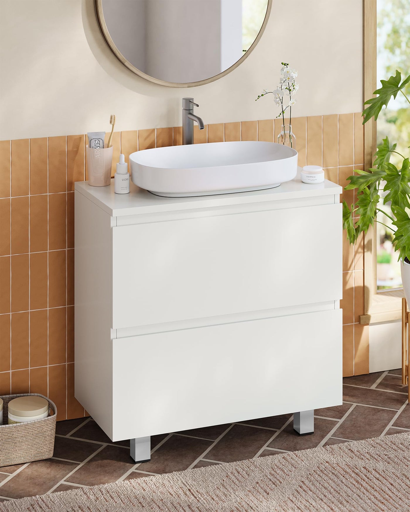 KIMENICH Waschbeckenunterschrank, Badezimmerschrank mit 2 Große Schubladen, Unterschrank Waschbecken mit Füßen, Viel Stauraum, 60 x 30 x 56 cm, Weiß