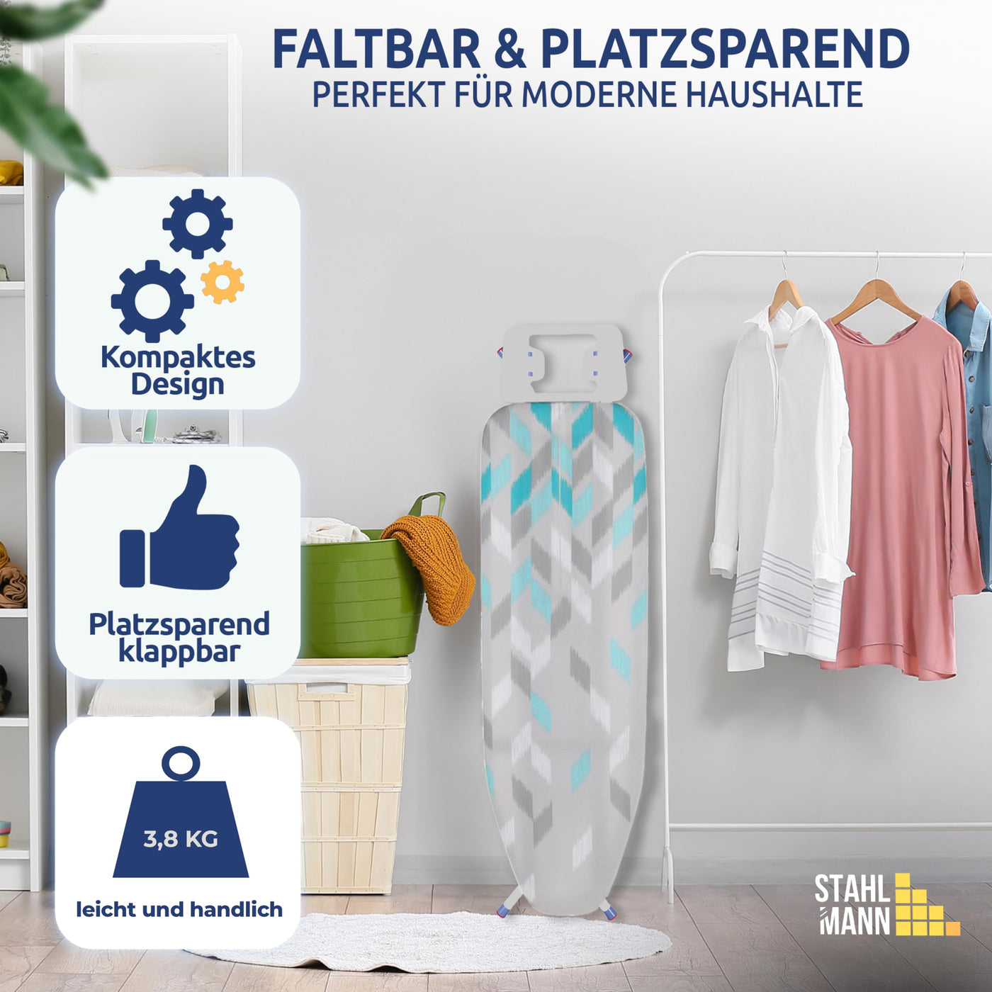 STAHLMANN ® Bügelbrett [114x34 Bügelfäche ] mit rutschfesten Füßen – robuster Bügeltisch – extra stabiles Bügelbrett [Made IN EU] – Tischbügelbrett