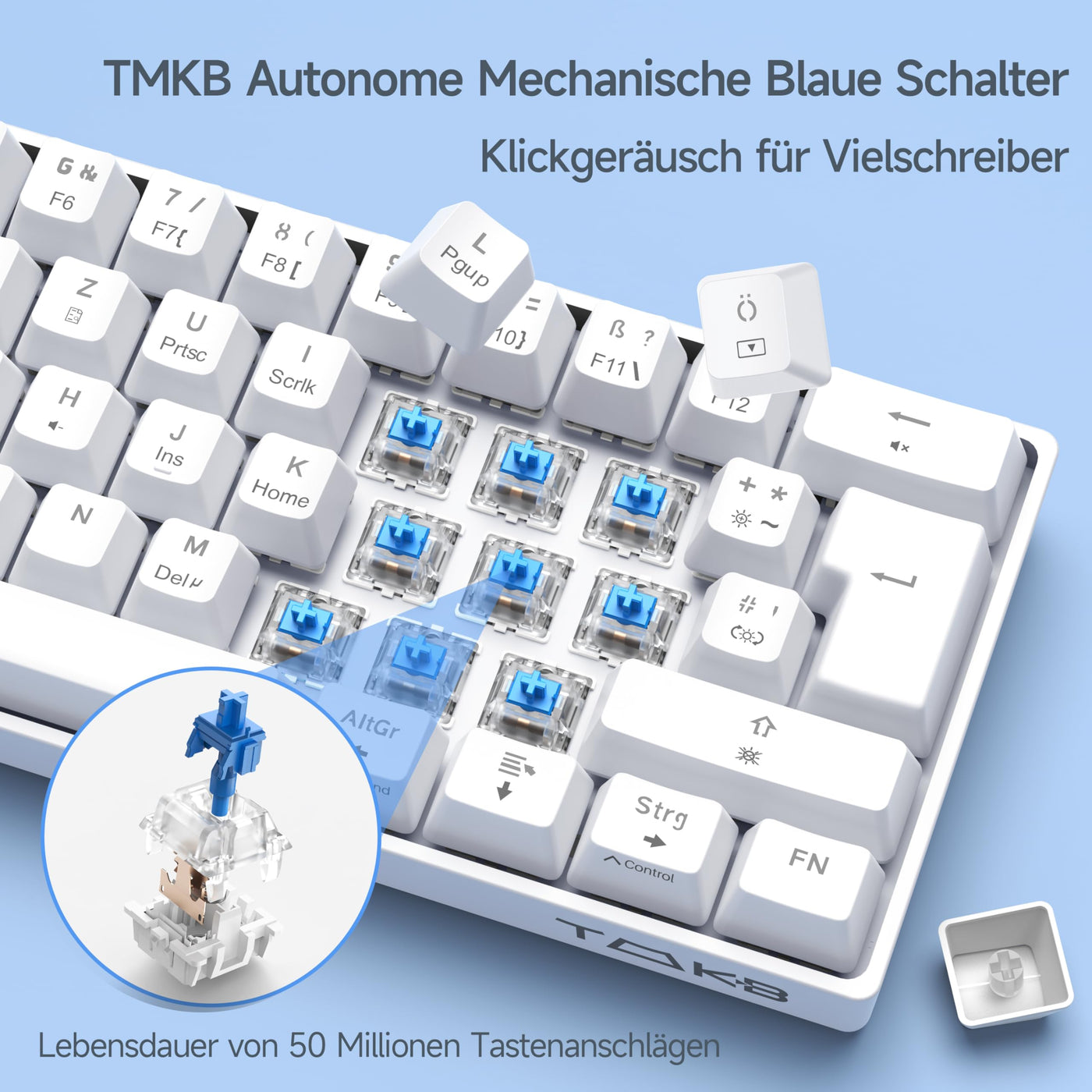 TMKB T61SE Gaming Mechanische Tastatur mit Deutsches QWERTZ Layout,Blauer Schalter,weiße