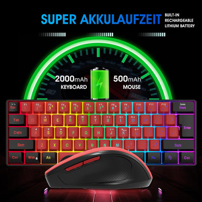 Snpurdiri 60% Prozent Tastatur Maus Set Kabellos, Wireless Gaming Tastatur und Maus Combo, Enthalten 2.4G Small Mini 60% Merchanical Feel Tastatur, Ergonomisches Design Vertical Feel Maus (BlackRed)