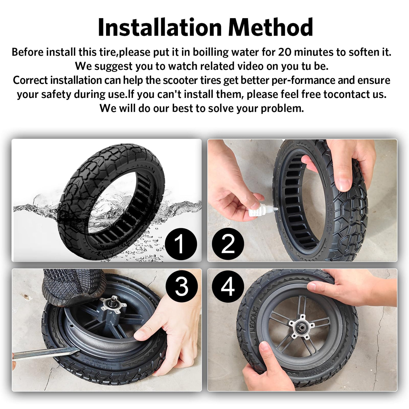 OUXI 10X2.125 Off Road Reifen für Elektroroller Ninebot F20/F30/F40/F65, 10 Zoll Vollgummireifen für Vorder- und Vollgummireifen für Elektroroller Tubeless(Schwarz 1Stück)