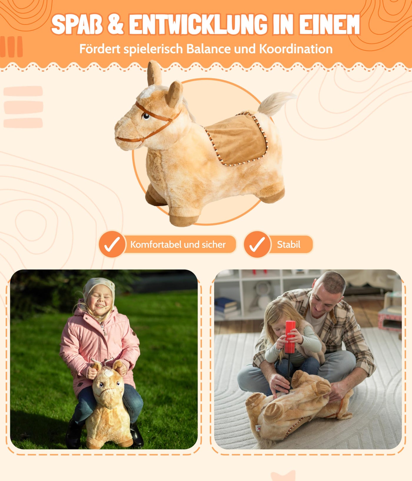 Bayer Chic 2000® Aufblasbares Hüpftier – Braunes Pferd –Mit weichem abnehmbarem Bezug & Luftpumpe – Perfekt für Mädchen & Jungen – Ab 18 Monaten, Braun