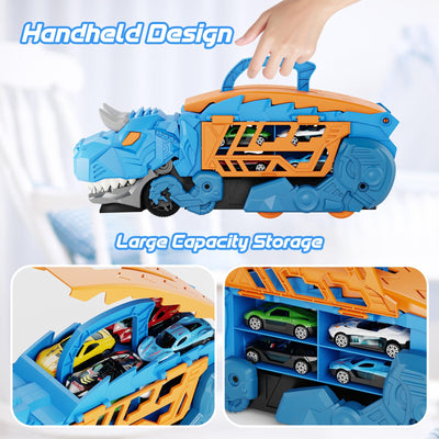 Shawe Dinosaurier Transporter Truck Auto Spielzeug ab 3 4 5 6 Jahre mit 6 Die-Cast-Fahrzeugen, Autorennbahn Aufbewahrung Verschlucken Transformierbar Spielzeugautos Geschenk für Jungen Mädchen Kinder
