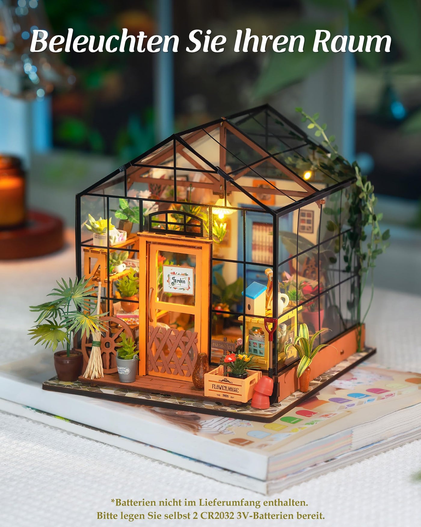 ROBOTIME Miniatur Haus Gewächshaus DIY Miniature House Holz Mit Möbel und Licht, Puppenhaus für Erwachsene Mädchen und Jungen Geschenk zum Muttertag