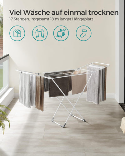 SONGMICS Wäscheständer, Standtrockner klappbar, Flügelwäscheständer, freistehend, für Innen- und Außenbereich, für Bettwäsche und Kleidung, weiß LLR540W01