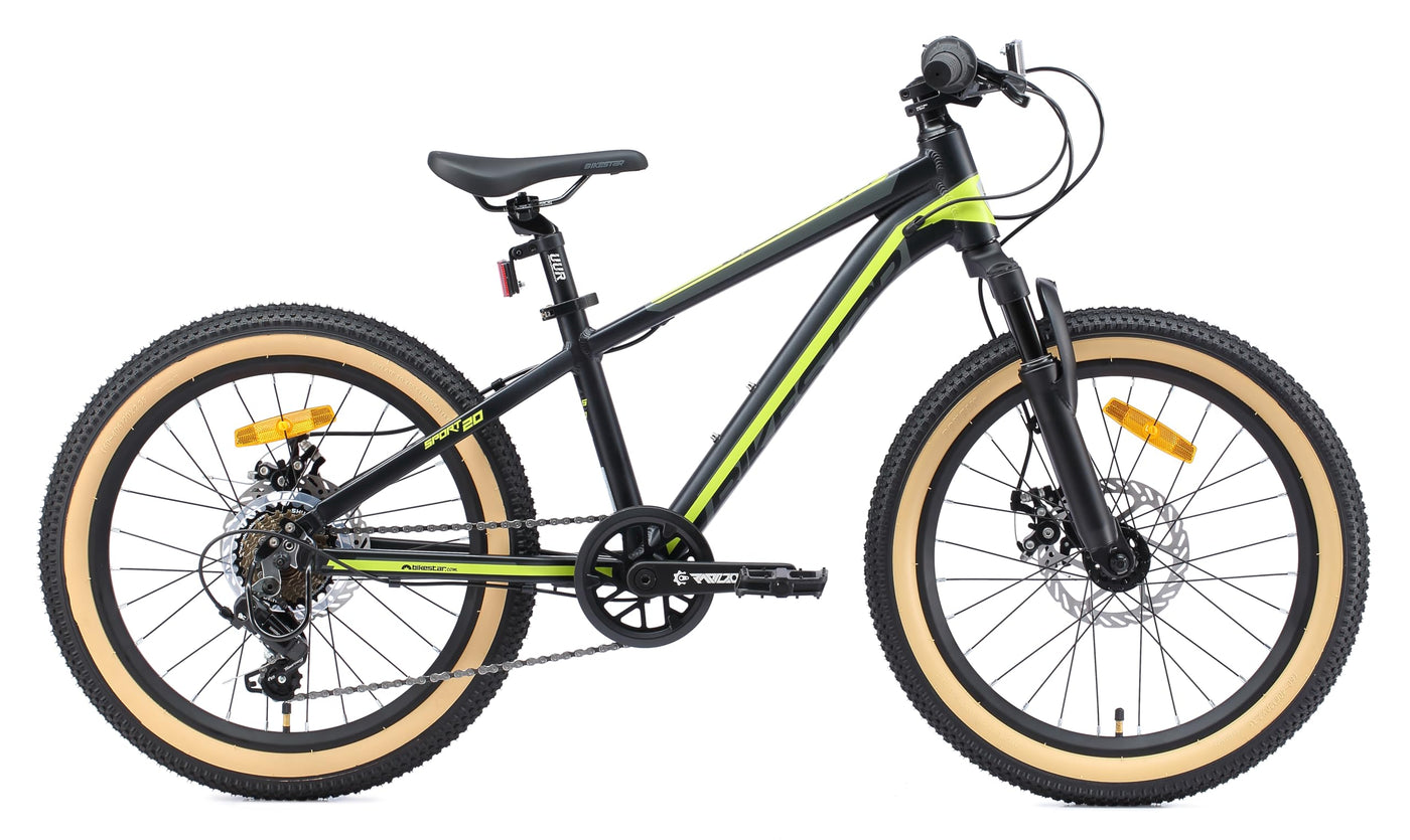 BIKESTAR Kinder Fahrrad Aluminium Mountainbike 7 Gang Shimano, Scheibenbremse ab 6 Jahre | 20 Zoll Kinderrad MTB | Schwarz Grün