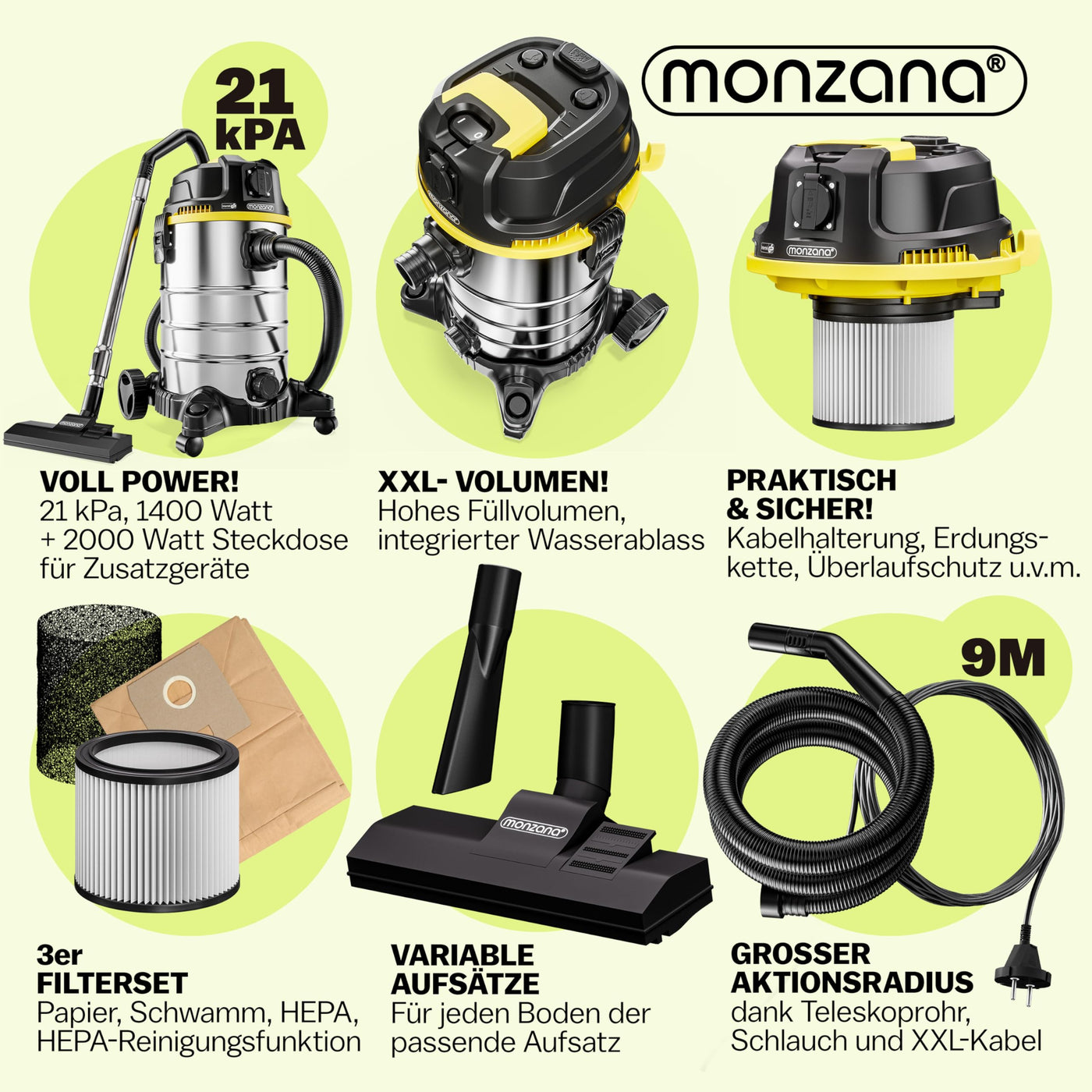 Monzana® Nass Trockensauger 5in1 Industriestaubsauger 2400W 30L Edelstahl Steckdose Nasssauger mit Blasfunktion Laub Push&Clean Waschsauger Beutellos