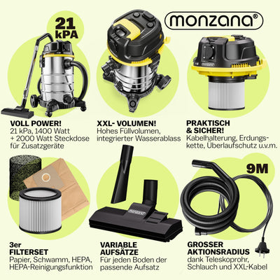 Monzana® Nass Trockensauger 5in1 Industriestaubsauger 2400W 30L Edelstahl Steckdose Nasssauger mit Blasfunktion Laub Push&Clean Waschsauger Beutellos