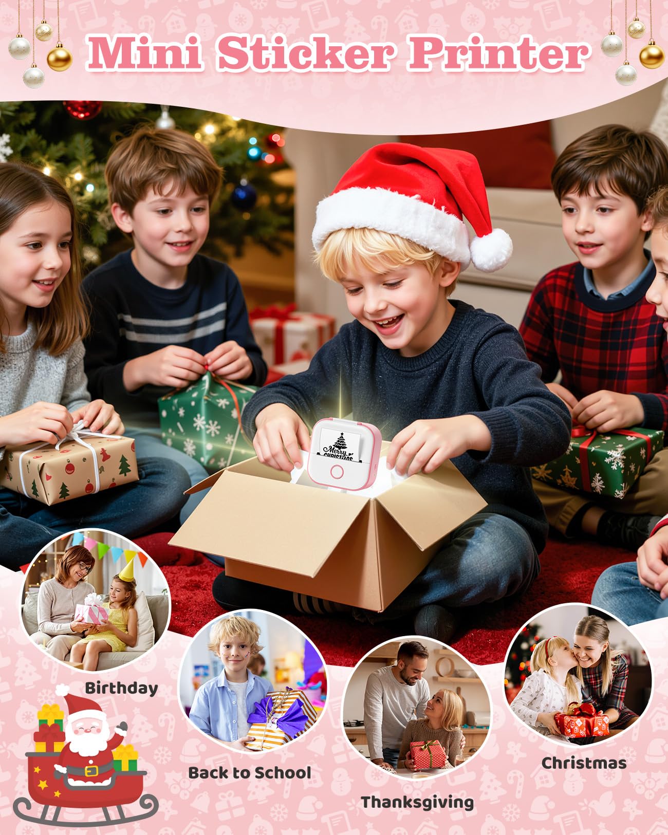 Memoking Mini Aufkleberdrucker - T02 Kleiner Thermodrucke, Tragbarer Kabelloser Notizdrucker mit 3 Rollen Papier für Kindertag, Geburtstag, Kompatibel mit iOS & Android (Rosa)