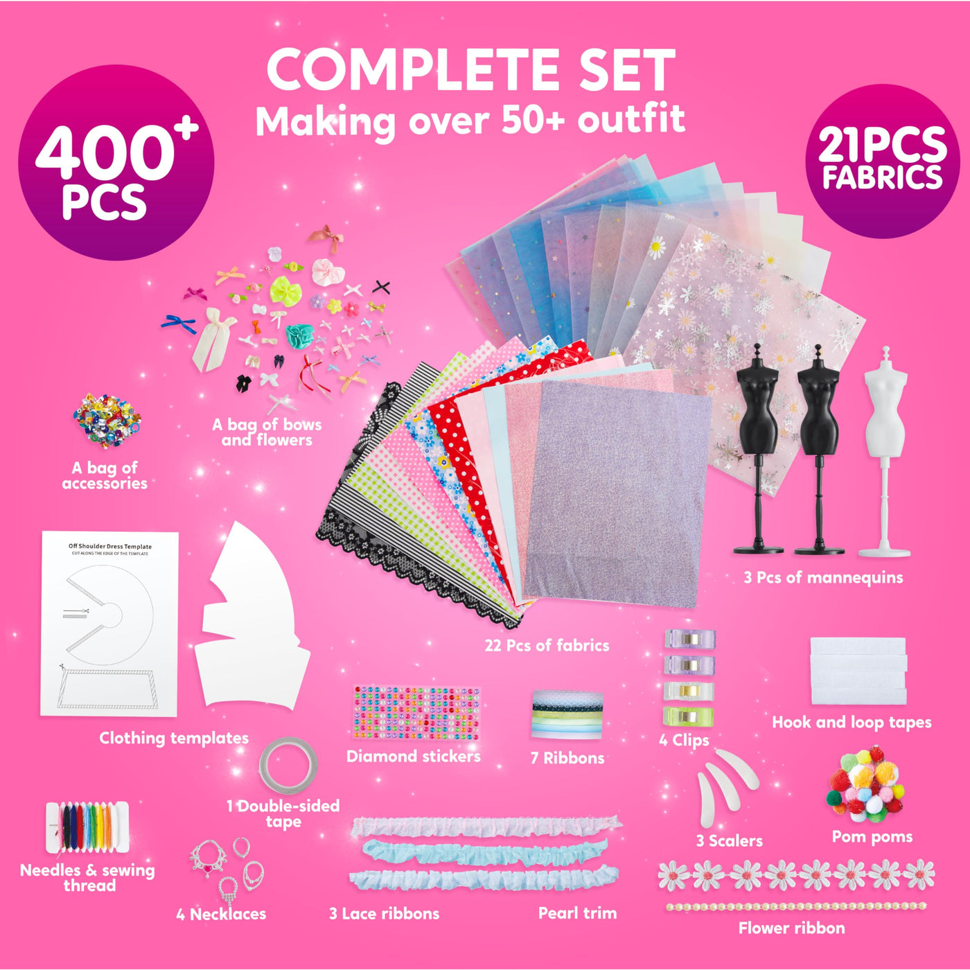 Klever Kits 400+ Stücke Modedesign Mädchen,Fashion Design Basteln Mädchen Nähset Set mit 3 Mannequins,Geschenke Mädchen 8 9 10 11 12+Jahre,Kreativ Set Bastelset für Kinder ab 8+ Jahre