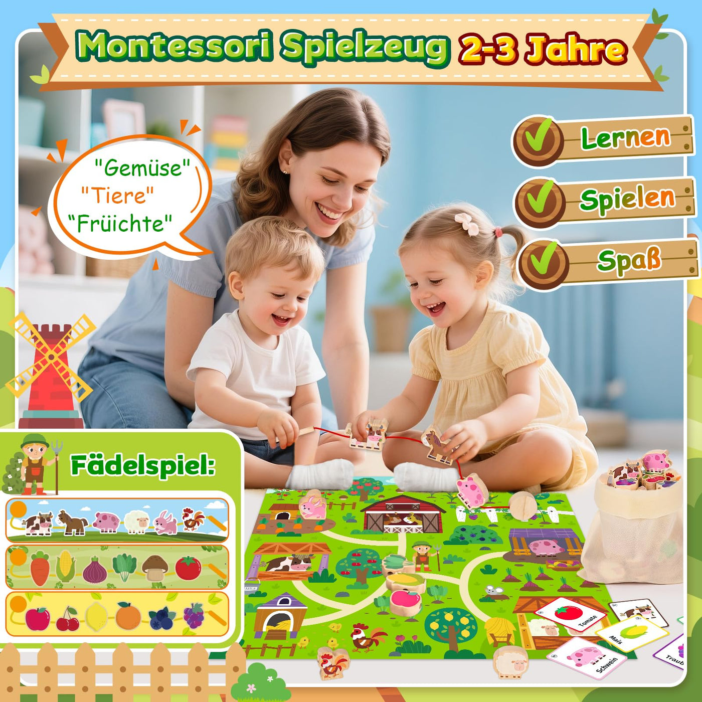 Montessori Spielzeug ab 2 1 3 Jahre: Geschenk Mädchen 1-3 Jahre Junge Fädelspiel Bauernhof Motorikspielzeug für Kinderspielzeug ab 2-3 Jahr Mädchen Holzspielzeug Lernkarten für Kleinkinder ab 2 Jahren