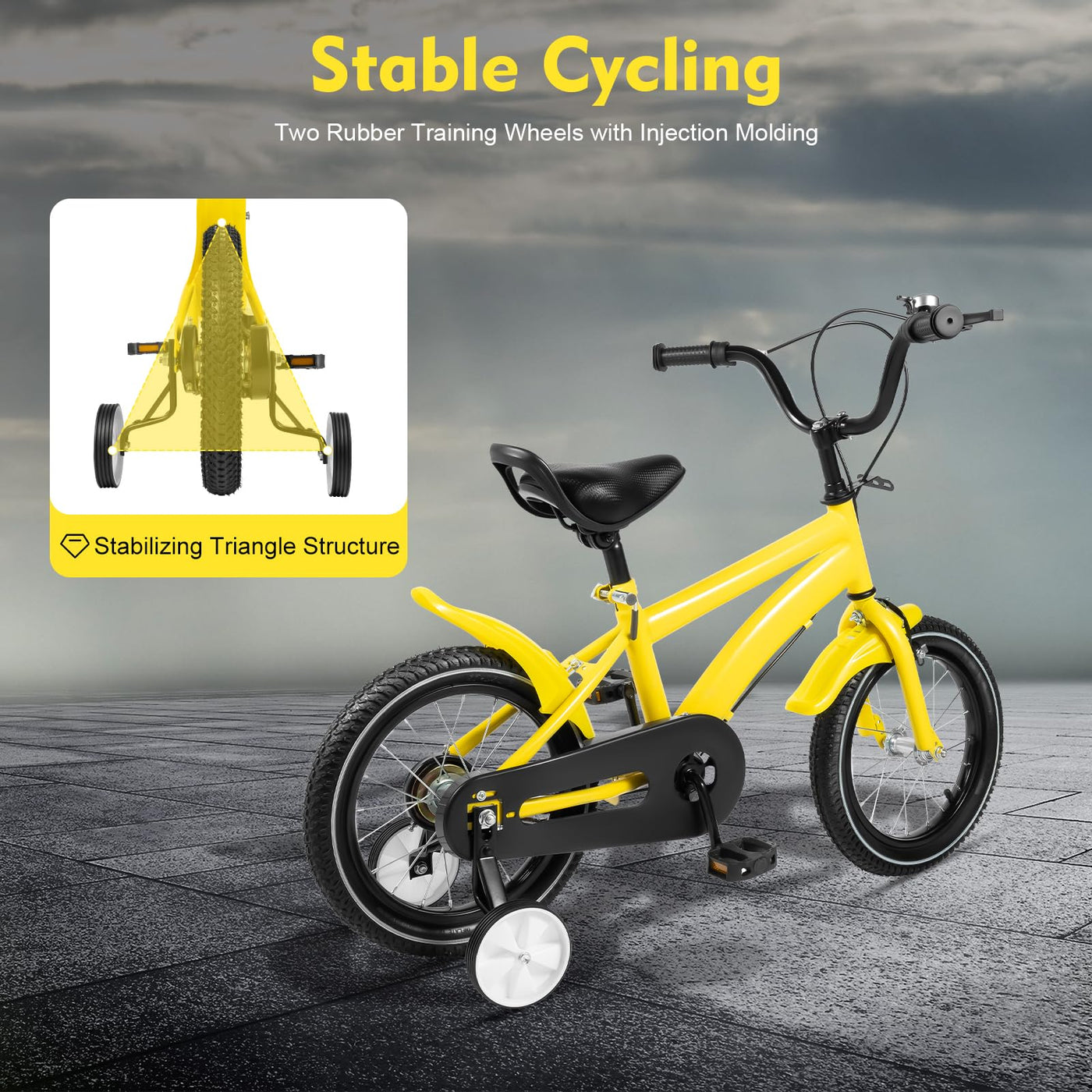 WAPHOERTE 14-Zoll-Kinderfahrrad Anfängerfahrrad mit Stützrädern, Trainingsfahrzeug für 2-4-Jährige Jungen und Mädchen, Höhenverstellbar, Maximal zulässiges Gewicht 50 kg, Gelb + Schwarz