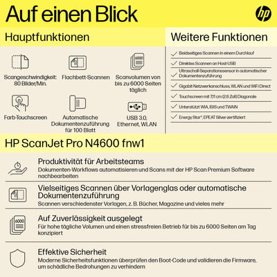 HP ScanJet Pro N4600 fnw1, Scanner, Flachbett, 100-Blatt ADF, Ethernet, USB 3.0, WiFi, bis zu 6.000 Seiten täglich, Kurzbefehle