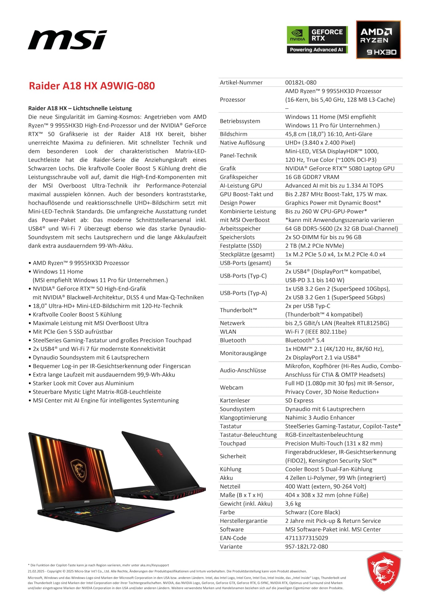 MSI Raider A18 HX Gaming-Laptop, 18" UHD+ Mini-LED 120 Hz Display, AMD Ryzen 9 9955HX3D, NVIDIA GeForce RTX 5080, 64 GB DDR5, 2 TB SSD, Windows 11 Home, QWERTZ Tastatur, A9WIG-080