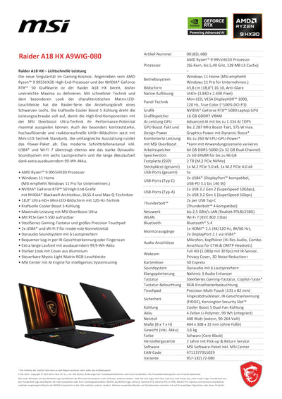 MSI Raider A18 HX Gaming-Laptop, 18" UHD+ Mini-LED 120 Hz Display, AMD Ryzen 9 9955HX3D, NVIDIA GeForce RTX 5080, 64 GB DDR5, 2 TB SSD, Windows 11 Home, QWERTZ Tastatur, A9WIG-080