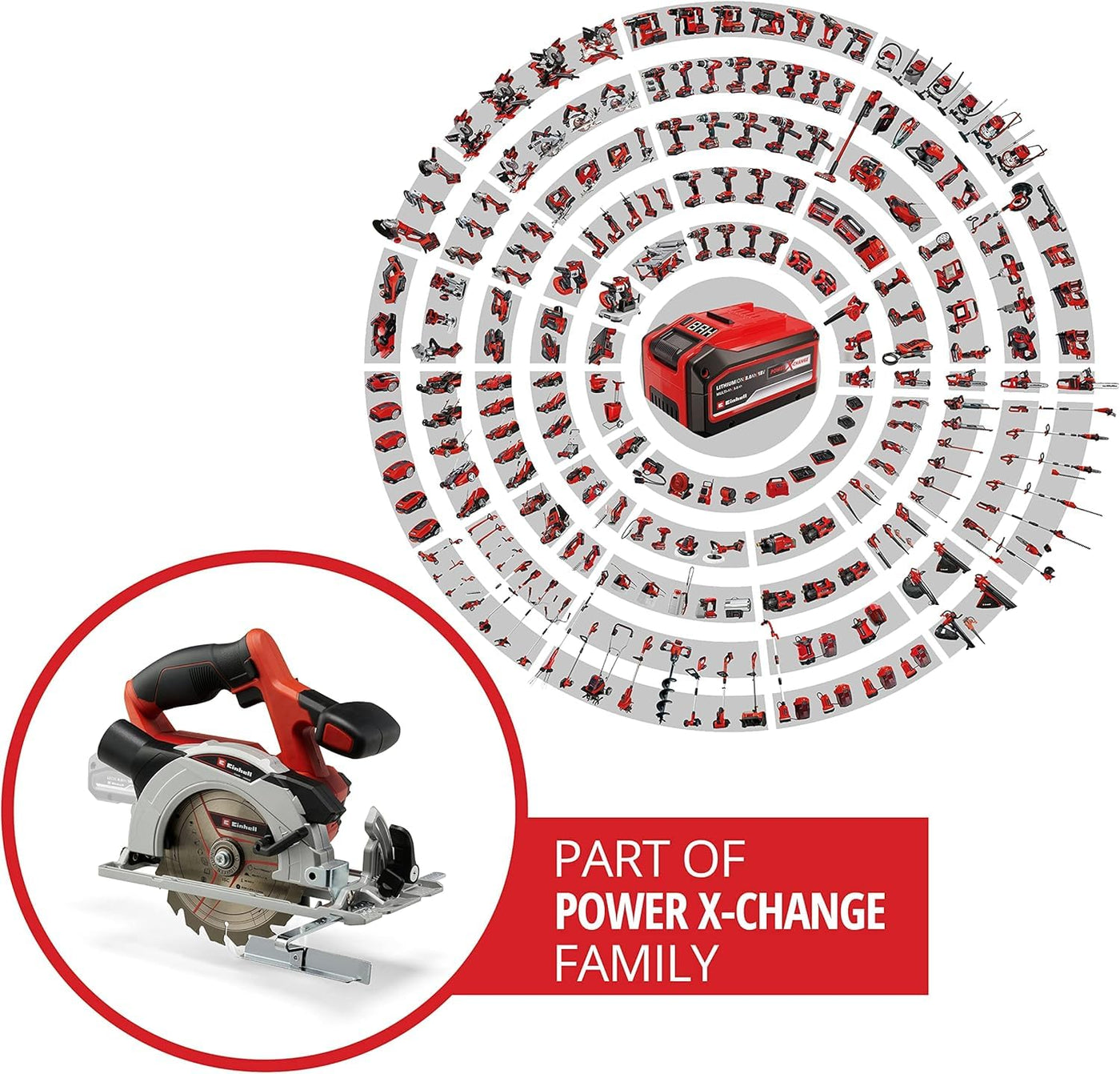 Einhell Akku-Handkreissäge TE-CS 18/150 Li-Solo Power X-Change (18 V, Li-Ion, Ø150 x Ø10 mm Sägeblatt, Schnitttiefe + Neigungswinkel werkzeuglos einstellbar, LEDs, ohne Akku und Ladegerät)