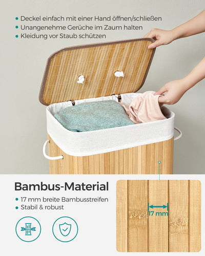 SONGMICS Wäschekorb mit Deckel, 72 L, Wäschekorb aus Bambus, faltbar, mit abnehmbarem waschbarem Beutel, Griffen, für Waschküche, Schlafzimmer, Holzfarbe LCB10Y