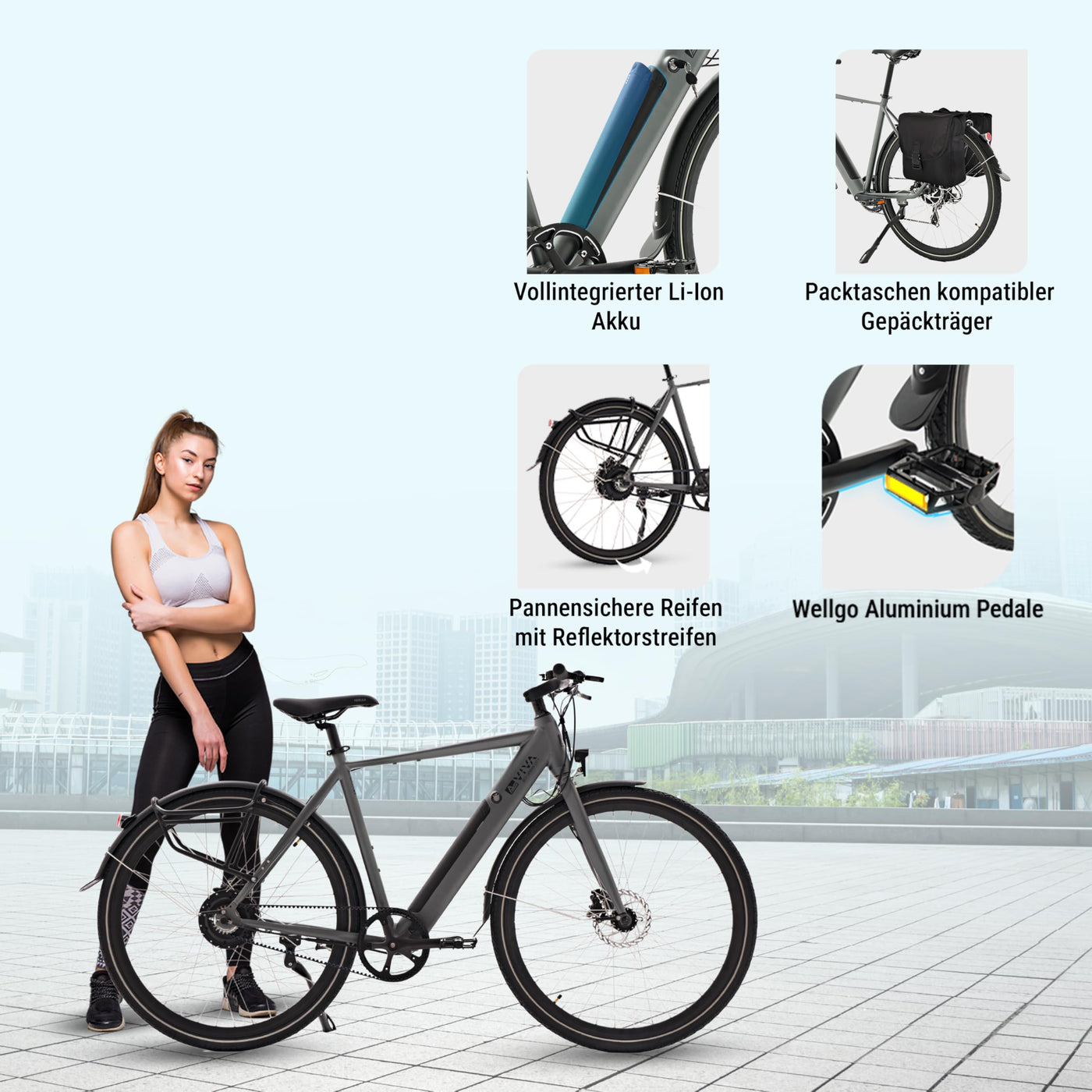 AsVIVA E-Bike BC1-B 28 Zoll – Pedelec Elektrofahrrad mit 250W Bafang Heckmotor, 10,5Ah Akku, Riemenantrieb, hydraulische Scheibenbremsen, LED-Beleuchtung, USB-Ladefunktion