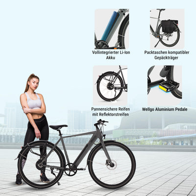 AsVIVA E-Bike BC1-B 28 Zoll – Pedelec Elektrofahrrad mit 250W Bafang Heckmotor, 10,5Ah Akku, Riemenantrieb, hydraulische Scheibenbremsen, LED-Beleuchtung, USB-Ladefunktion